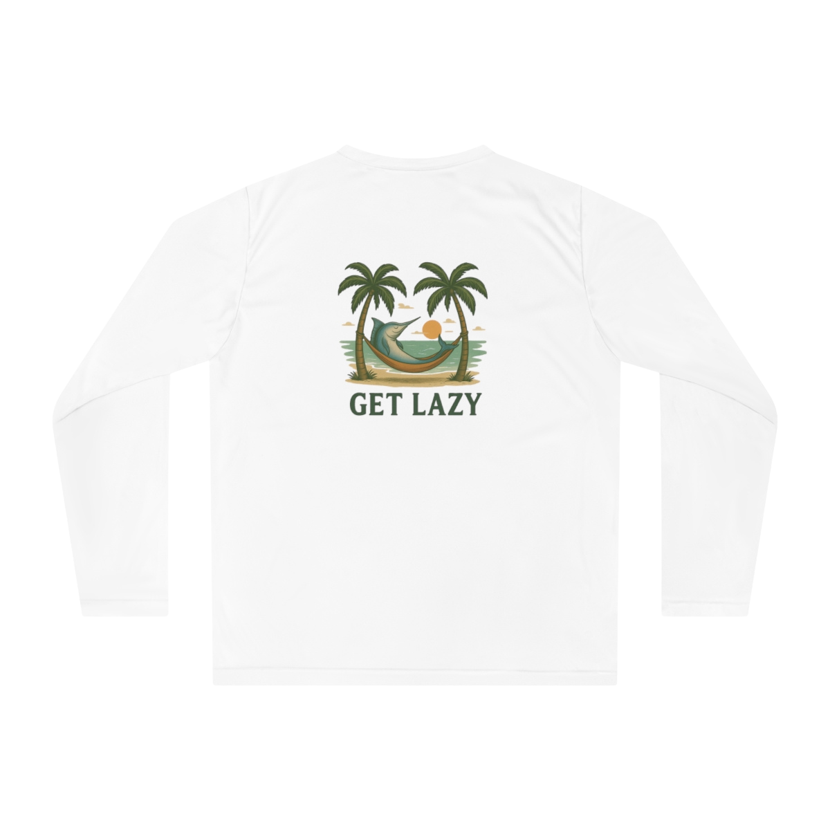 A white long-sleeve shirt with a graphic of a relaxing scene featuring a fish in a hammock between two palm trees during sunset, and the words "GET LAZY" underneath.