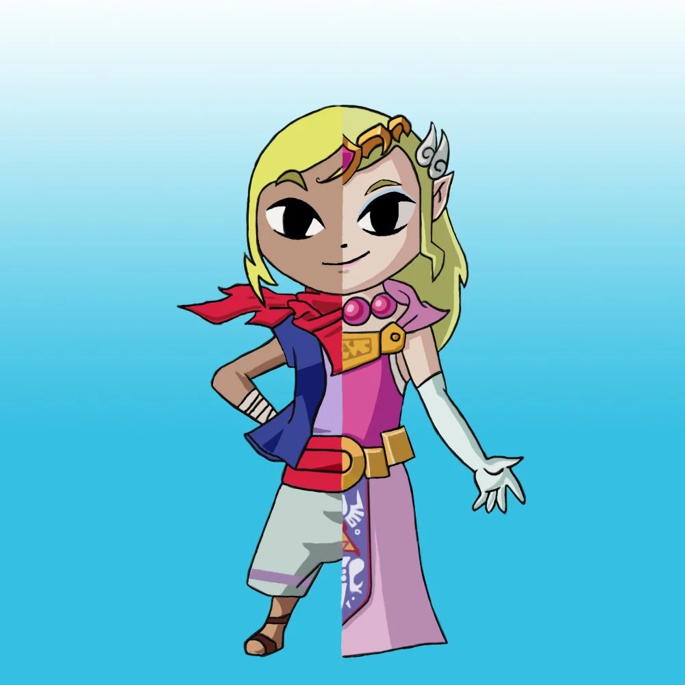 A cartoon character of Princess Zelda from the Legend of Zelda video game series, depicted as half in her typical attire with a pink dress and white gloves, and half in a superhero costume with a blue cape, red belt, and beige shorts, standing agains