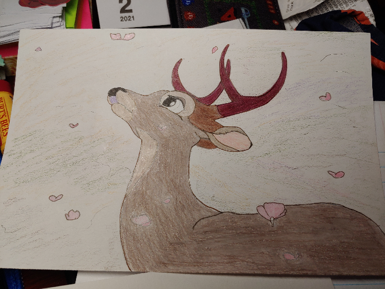 Colored pencil drawing of Bambi with large antlers, looking upward, with pink and green background and falling pink petals.