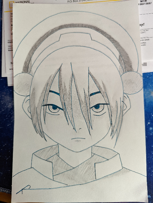 A hand-drawn anime style portrait of a Toph from Avatar: The Last Airbender on a white piece of paper.