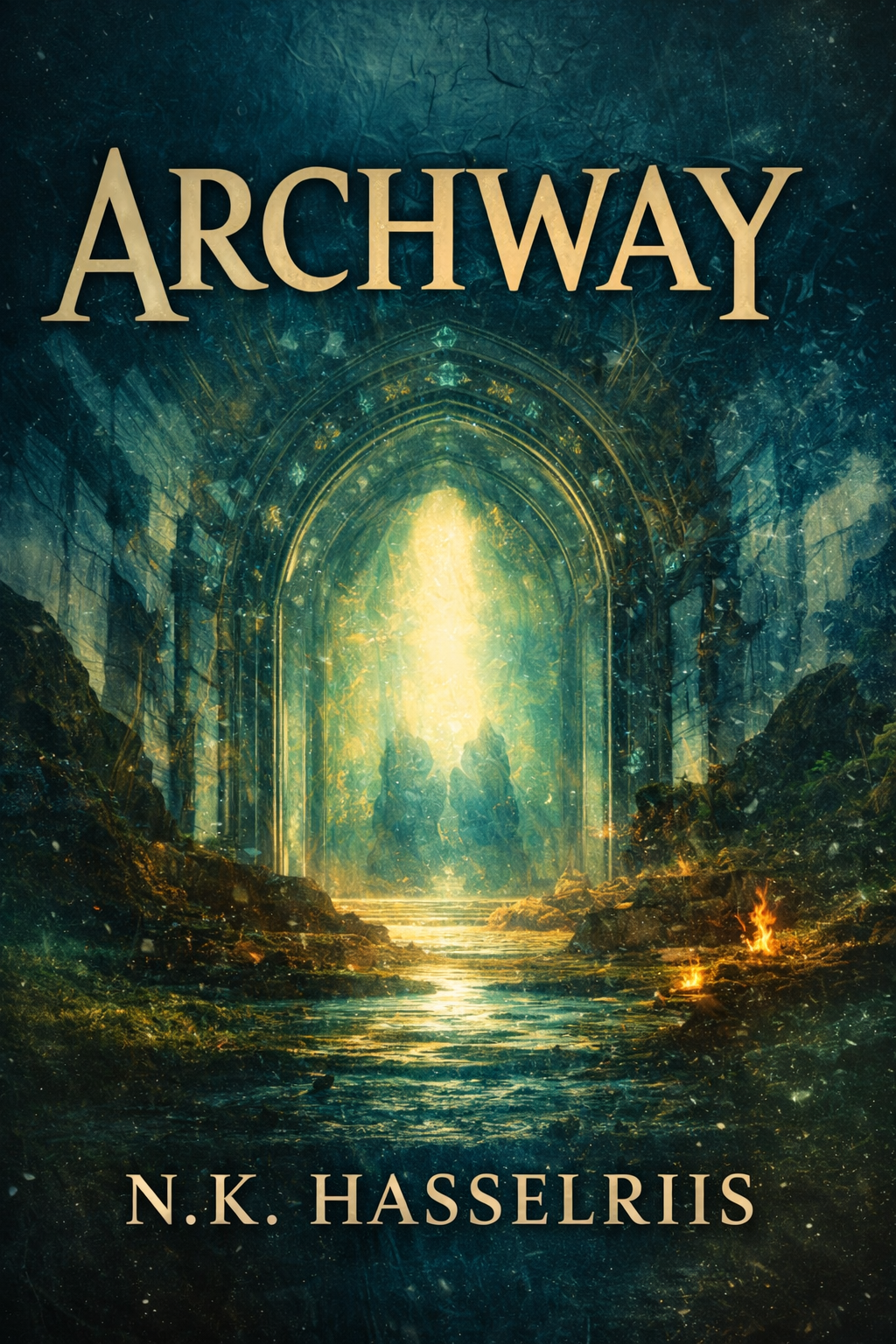 A blurred book cover with green, brown, white colours.