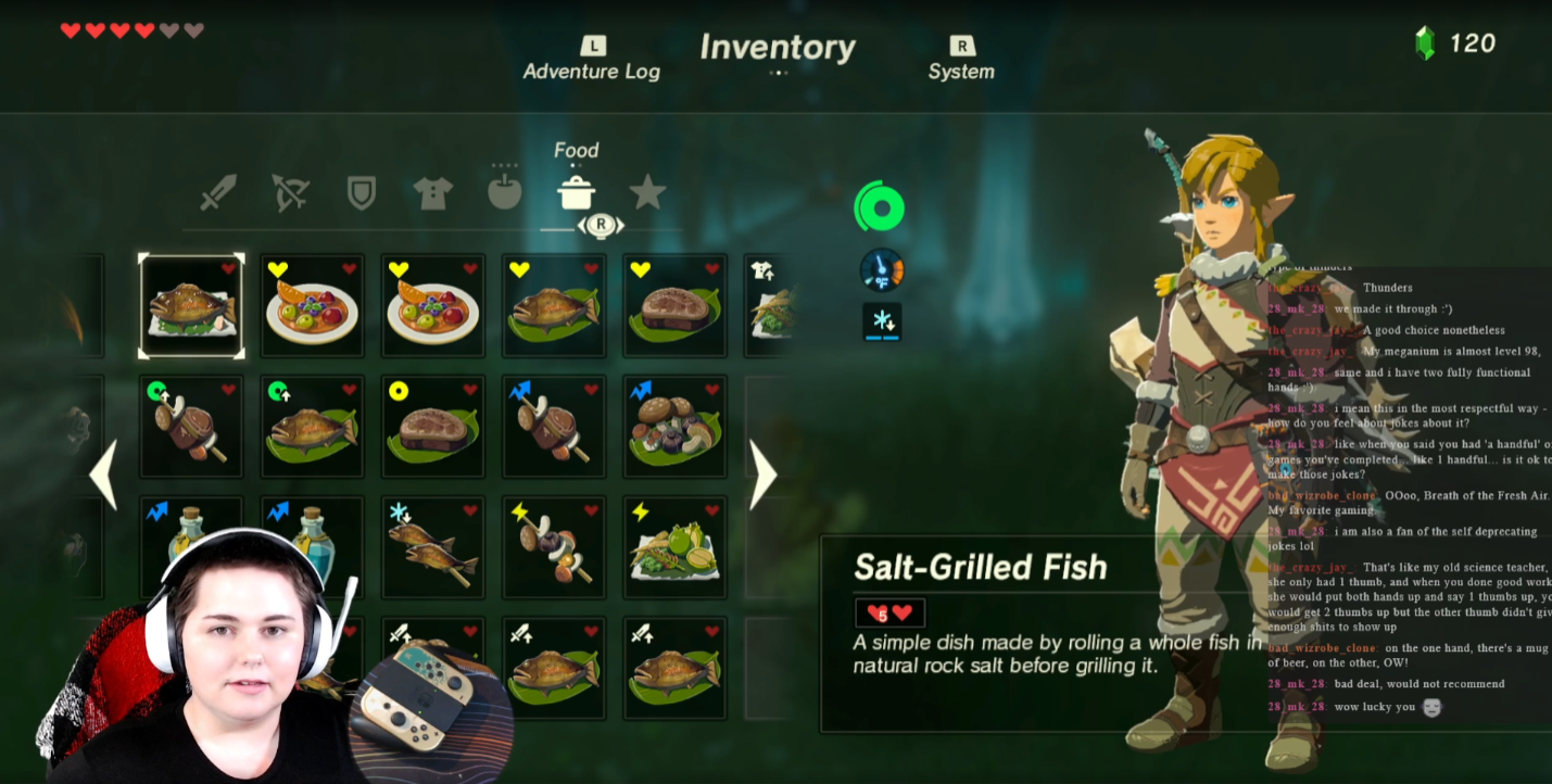 Natalie on screen, playing Breath of the Wild, the background is an inventory page.