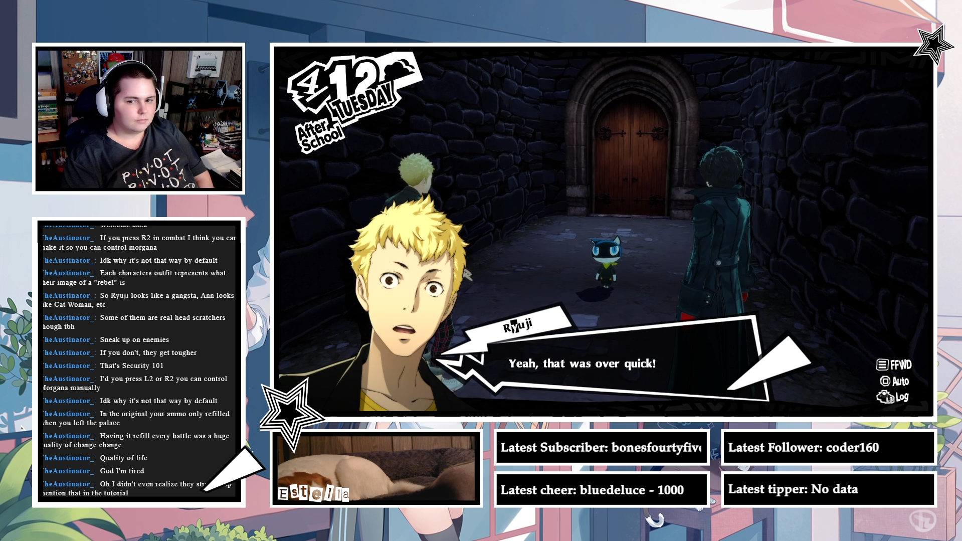 Screenshot of a video game scene featuring three characters—two humans and a small robotic cat—standing in front of a dark stone wall and wooden door. The game interface includes dialogue from a character named Ryuji, chat messages, and follower/subscriber information, with a smaller inset of a person with headphones in a room filled with books and decorations.