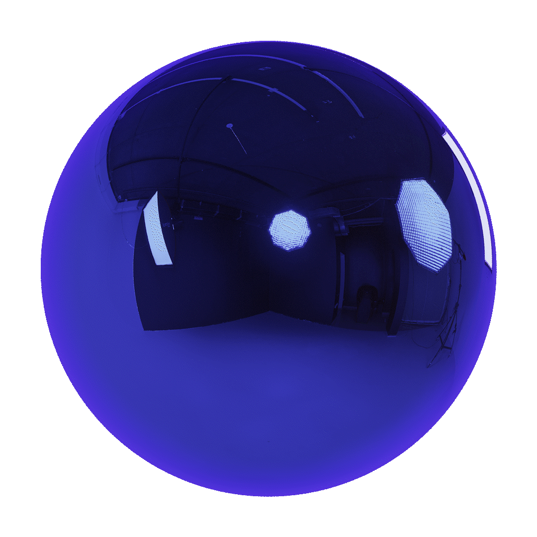 A spherical room with stage lighting equipment and LED panels, bathed in blue light, used for photography or filming.