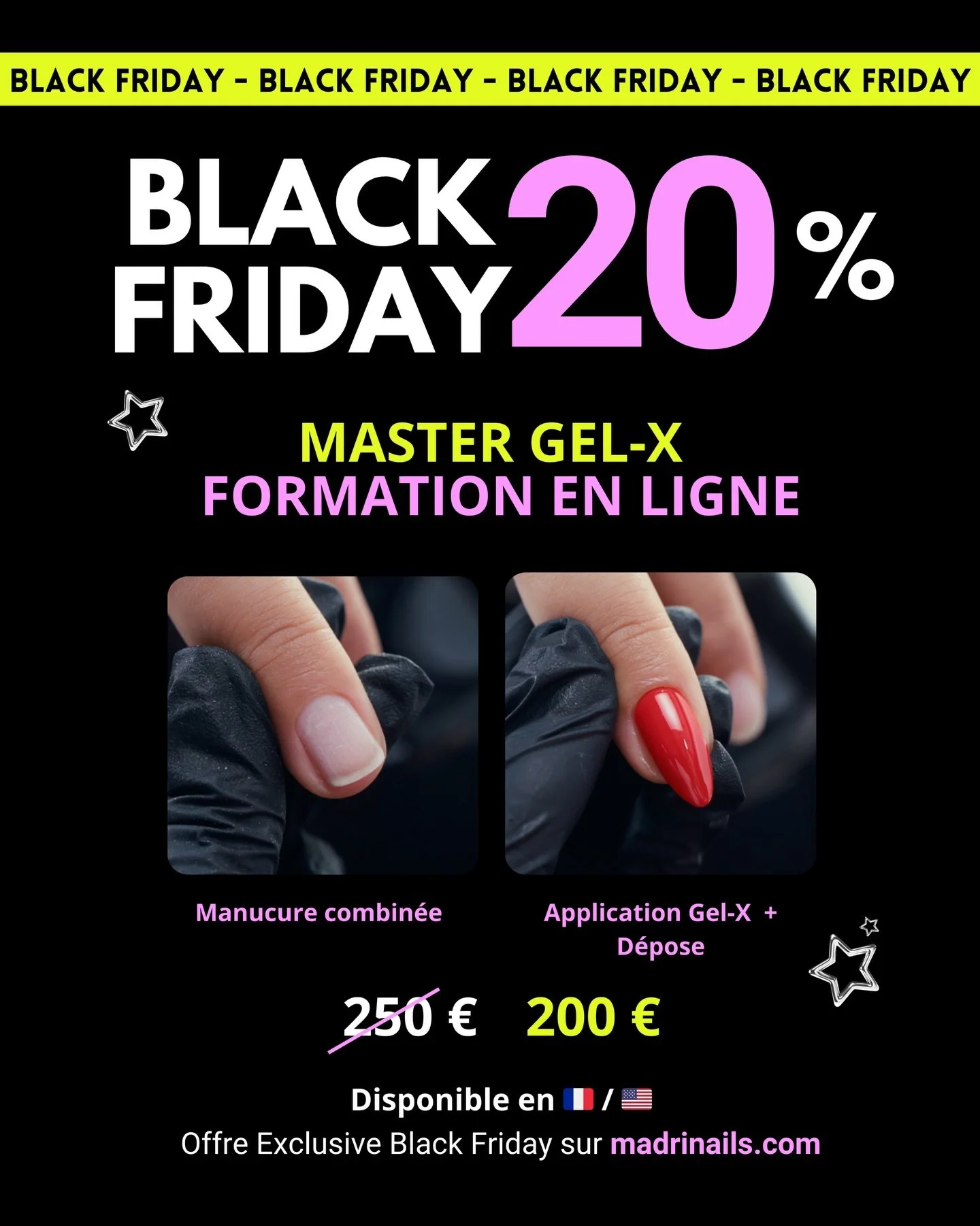 🖤BLACK FRIDAY🖤

Le module MASTER GEL-X est &agrave; -20% ✨

⏳Offre exclusive du vendredi 28 au dimanche 30 &agrave; 00h

CODE : BLACKFRIDAY 
Lien en bio : madrinails.com