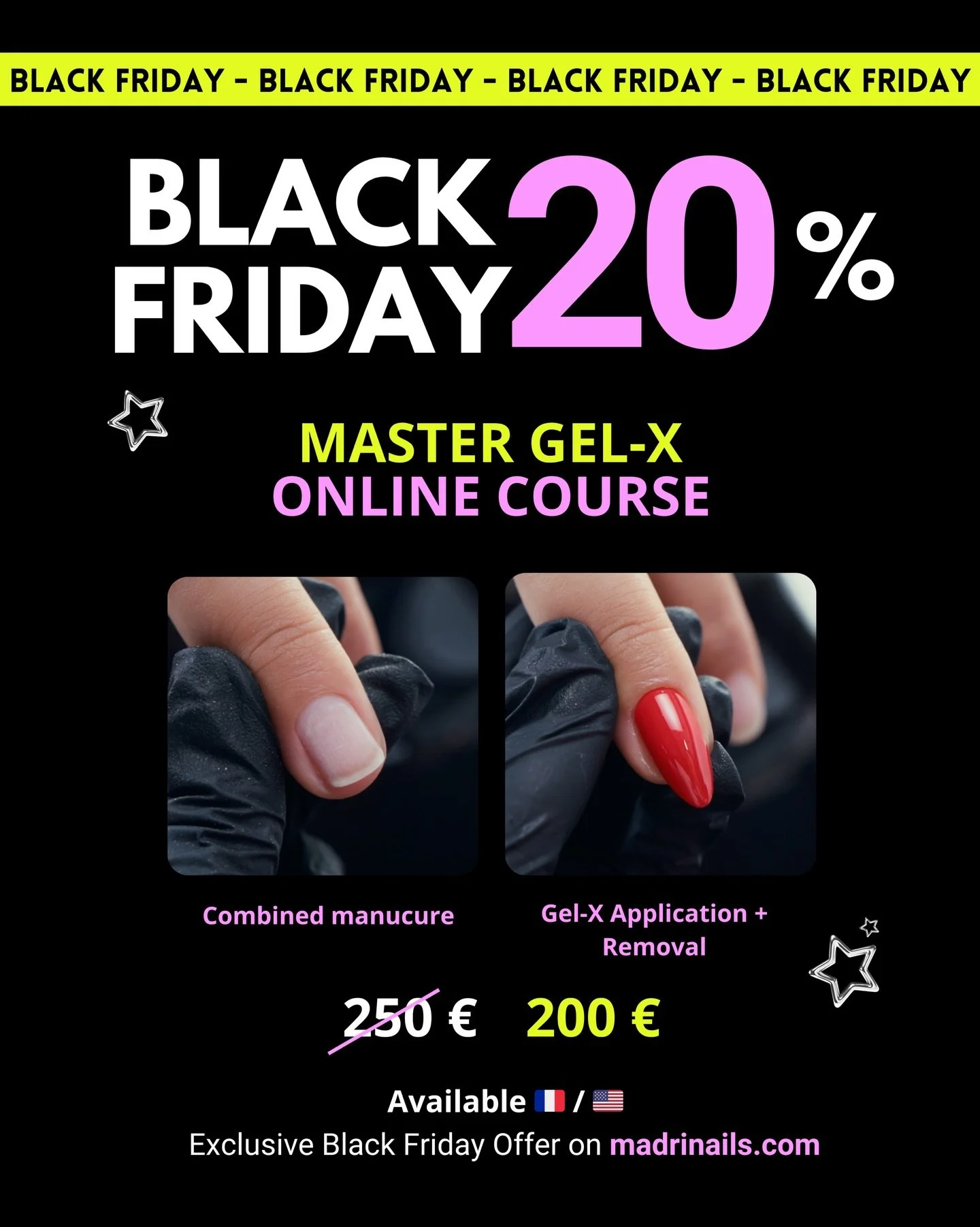 🖤 BLACK FRIDAY IS ON 🖤

Online courses are 20% off ✨
Code: BLACKFRIDAY
⏳ Limited time only : From Friday 28 to Sunday 30 at midnight 
Link in bio : madrinails.com