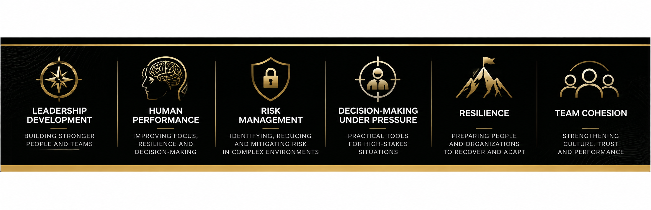 Leadership development, human performance, risk management, decision-making under pressure, resilience, and team cohesion.