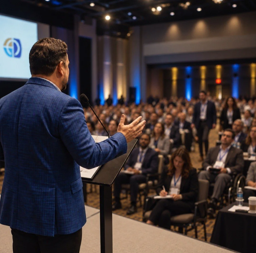 Leadership speaker presenting to a professional audience.