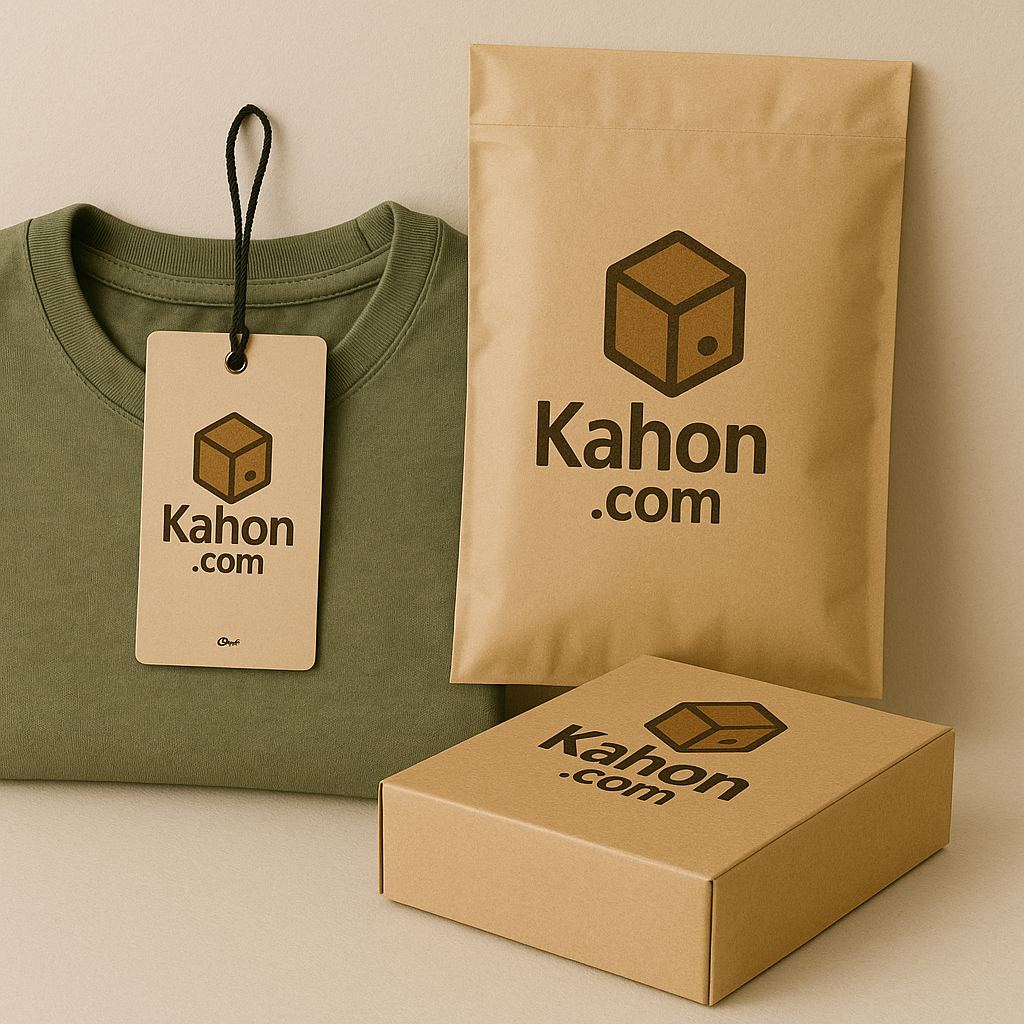 Eco-friendly packaging by Kahon.com for clothing and apparel. Includes kraft mailer pouch, branded clothing box, and hang tag for sustainable fashion products.