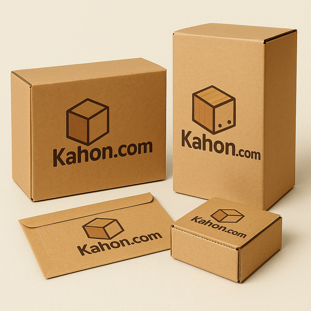 Kahon.com eco-friendly kraft packaging set featuring shipping boxes, product box, and mailer envelope. Sustainable packaging solutions for multi-industry use.