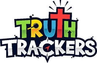Colorful logo of 'Truth Trackers' with playful font and a cross symbol above the letter T.