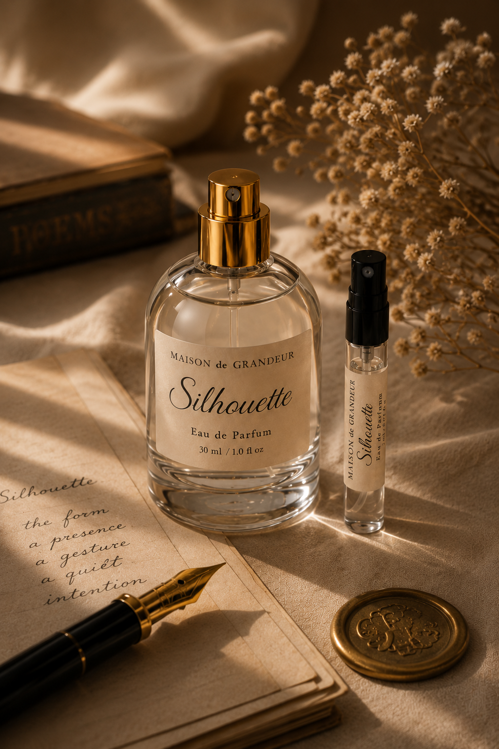 A bottle of Maison de Grandeur Silhouette perfume, a small sample spray, a fountain pen, a handwritten note, a wax seal, a book, and dried flowers arranged on a soft fabric surface.