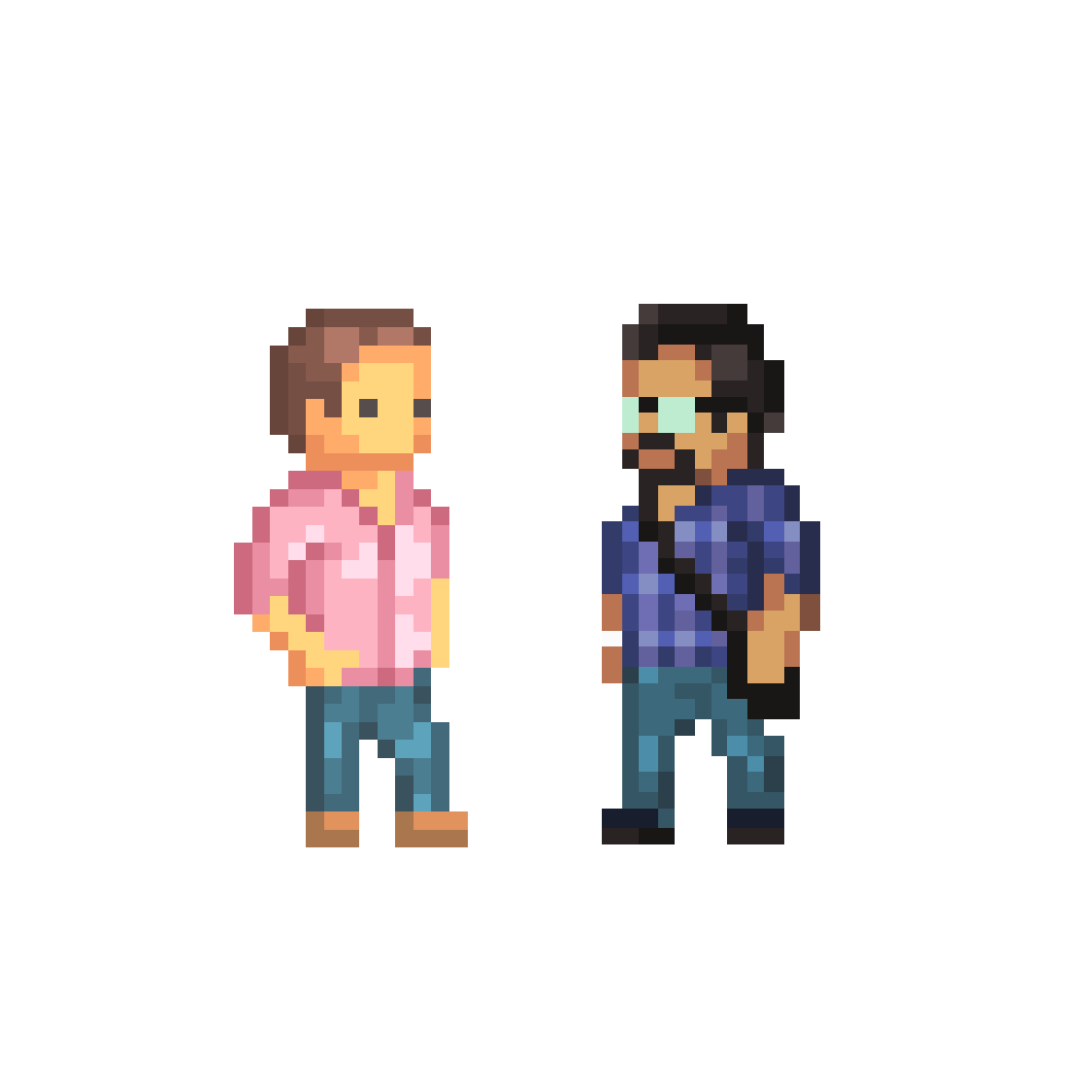 Pixel art illustration of two men standing and facing each other. The man on the left has light brown hair, wearing a pink shirt and blue jeans. The man on the right has black hair, glasses, a beard, and is dressed in a blue checkered shirt, jeans, and carrying a black messenger bag.