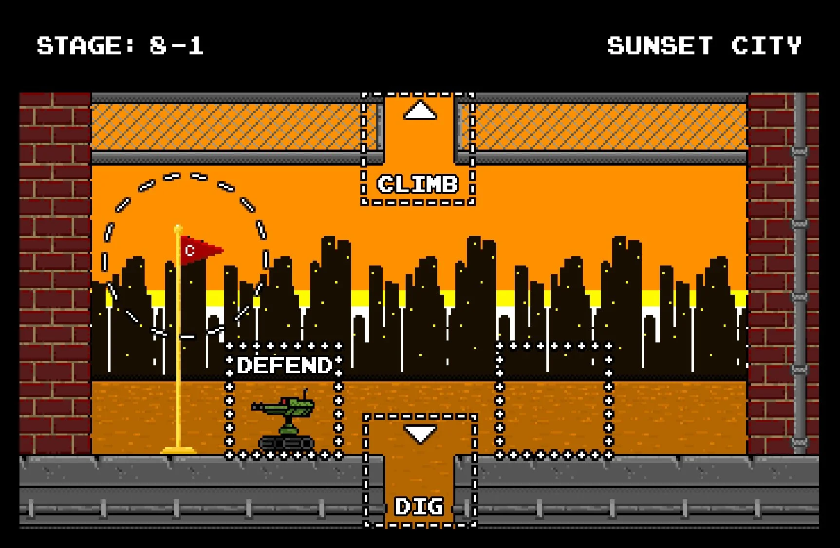 Pixel art screenshot of a retro video game with a city skyline sunset background, featuring a tank in the bottom left corner, and labeled areas for defending, climbing, and digging.
