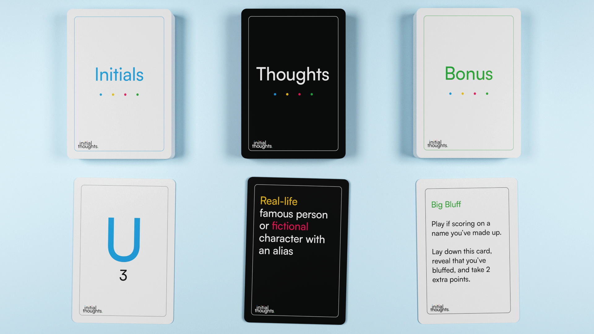 A set of six game cards from 'Initial Thoughts' game on a light blue background. The cards are labeled 'Initials', 'Thoughts', 'Bonus', and two additional cards with text instructions and a letter and point value 'U 3'. The cards feature minimal desi