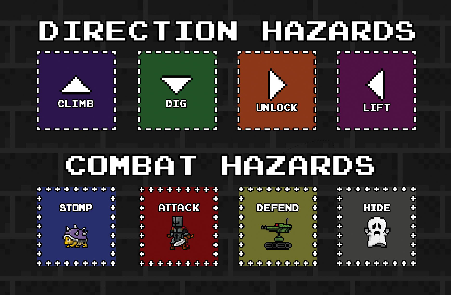 A pixel art style game menu with two sections: Direction Hazards and Combat Hazards. Direction Hazards include buttons for Climb, Dig, Unlock, and Lift. Combat Hazards include characters for Stomp, Attack, Defend, and Hide.