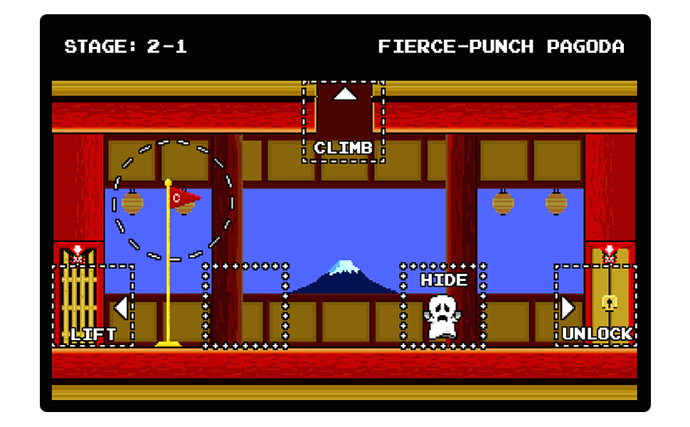 Screenshot of a pixel art ninja-themed video game level with options to lift, climb, hide, and unlock.