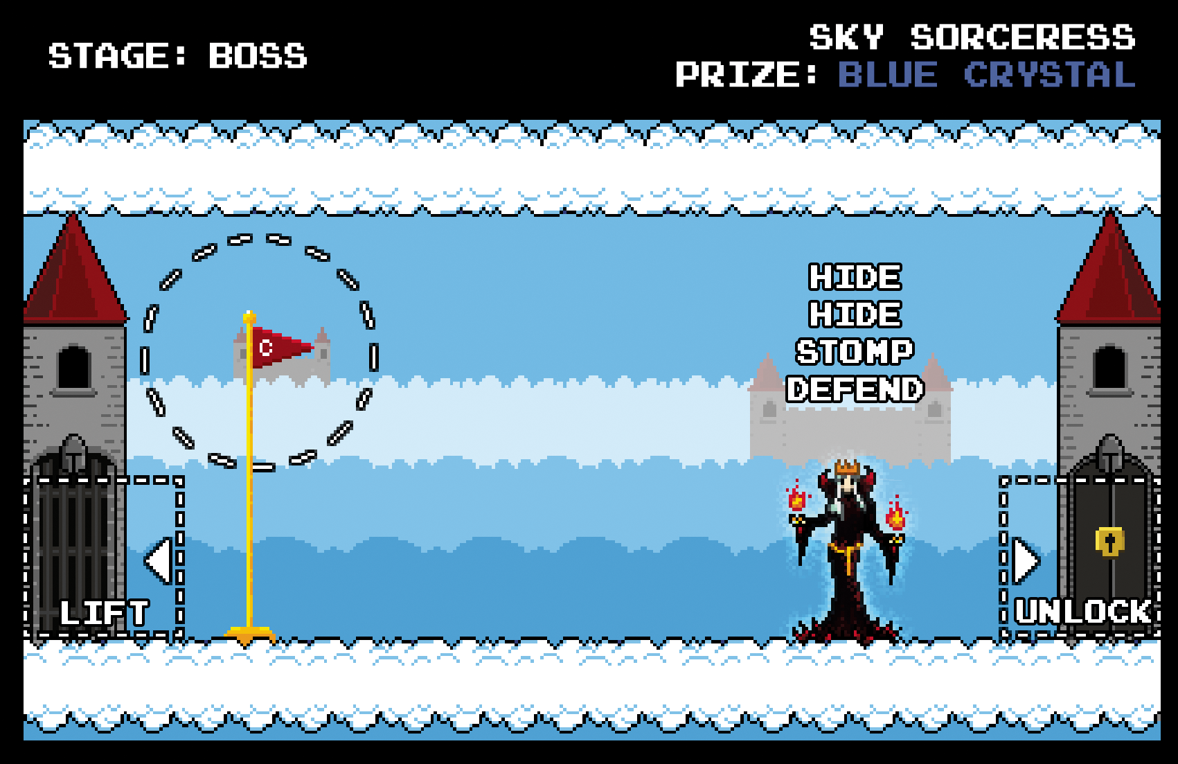 Pixel art tower defense game screen with a boss character labeled Sky Sorceress, holding flame torches, on a snowy castle background. A red flag with a moon and star is positioned near a castle gate, and options 'Hide', 'Stomp', 'Defend', and 'Unlock