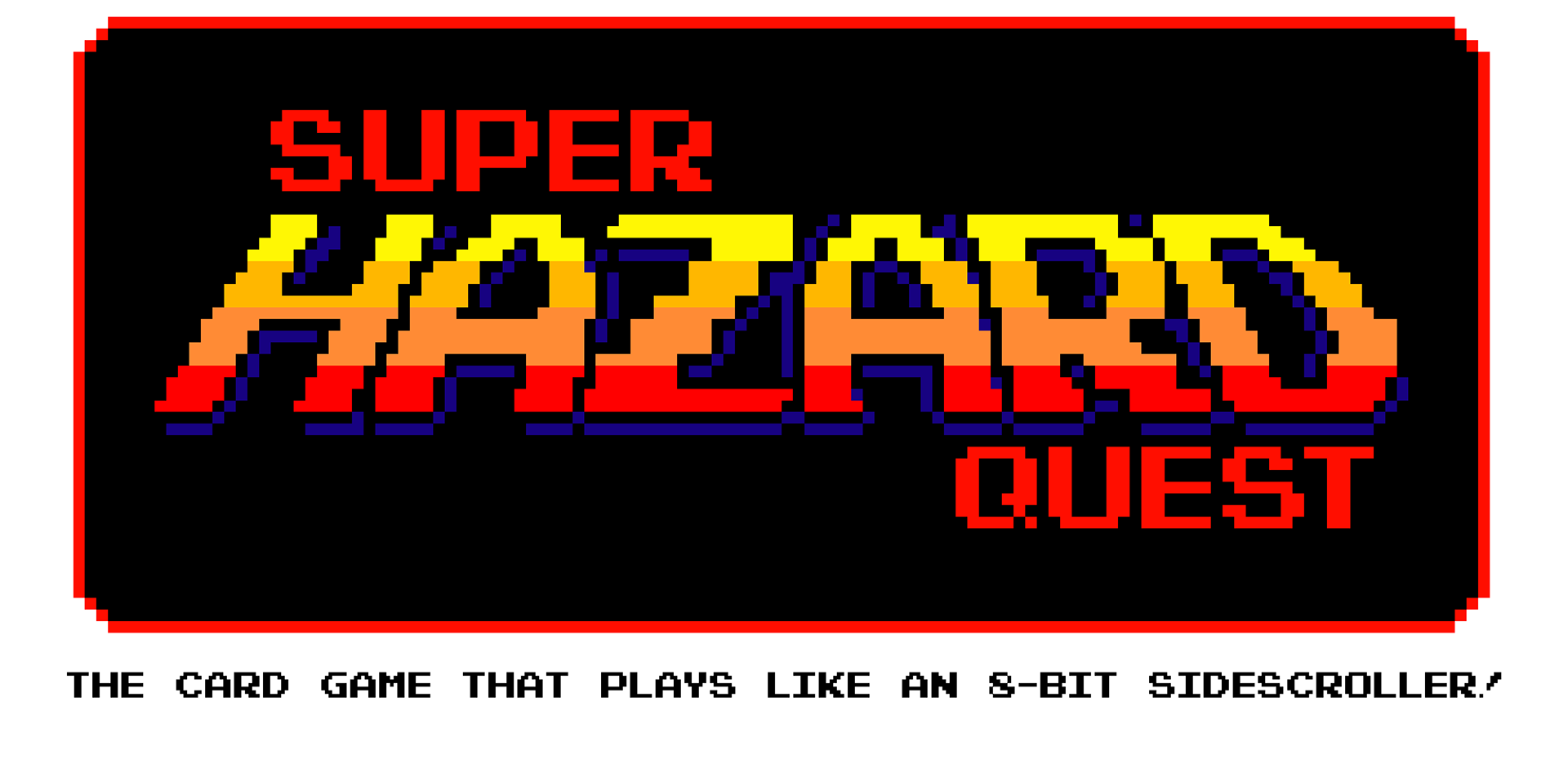 Pixelated video game logo with text 'Super Mega Quests' in a retro style, featuring red, yellow, and orange colors on a black background with a red border.