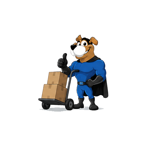 Easy Peasy Moving, LLC in Altamonte Springs, FL cartoon superhero dog mascot pushing a cart with boxes, giving a thumbs up.