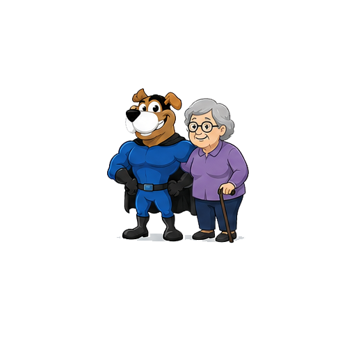 Easy Peasy Moving, LLC in Altamonte Springs, FL cartoon superhero dog mascot with an elderly woman standing beside him, both smiling.