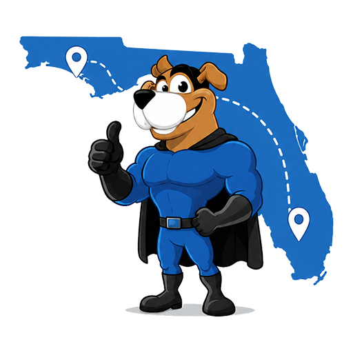Easy Peasy Moving, LLC in Altamonte Springs, FL cartoon superhero dog mascot giving a thumbs-up in front of a Florida map with a travel route marked between two points.