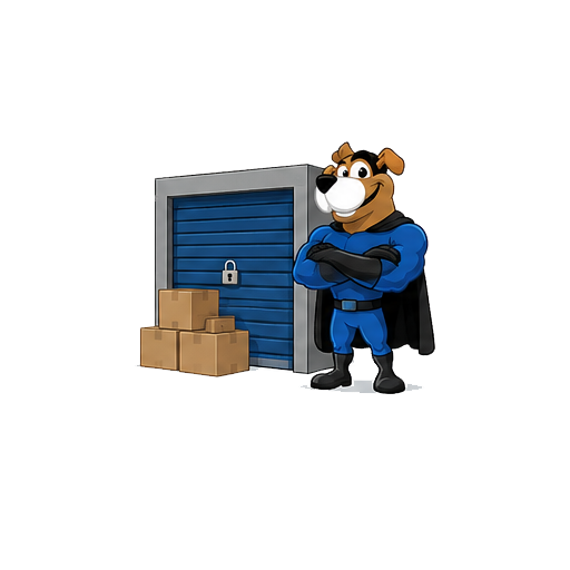 Easy Peasy Moving, LLC in Altamonte Springs, FL cartoon superhero dog mascot with a black cape standing with arms crossed beside a storage unit with a locked blue door and cardboard boxes.