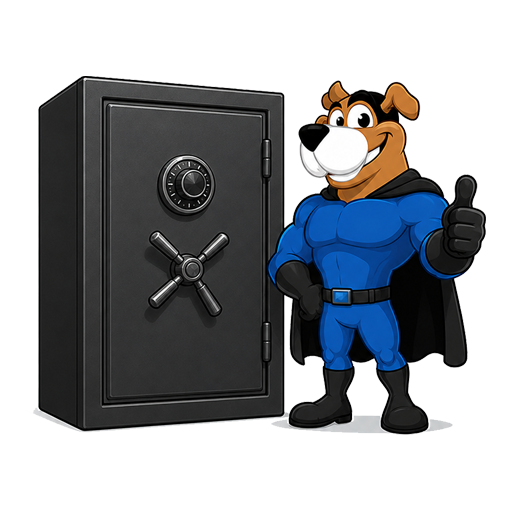 Easy Peasy Moving, LLC in Altamonte Springs, FL cartoon superhero dog mascot dressed in a blue costume with a black cape, standing next to a large black safe and giving a thumbs up.