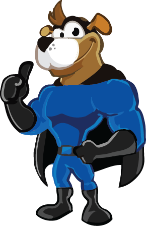 Easy Peasy Moving, LLC in Altamonte Springs, FL cartoon superhero dog mascot wearing a blue costume, black cape, and gloves, with a confident pose and a smile.