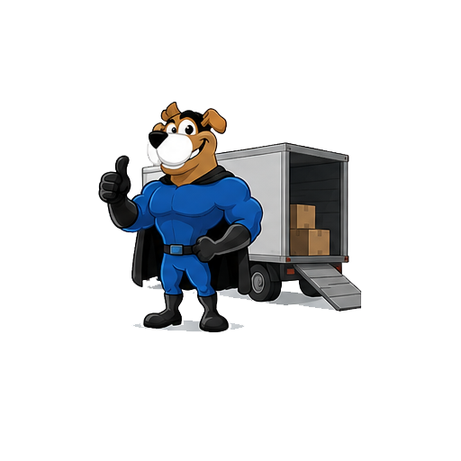 Easy Peasy Moving, LLC in Altamonte Springs, FL cartoon superhero dog mascot giving a thumbs-up next to a delivery truck with boxes inside and a ramp for loading.