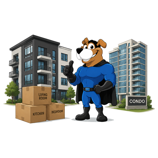 Easy Peasy Moving, LLC in Altamonte Springs, FL cartoon superhero dog mascot in a blue costume and black cape standing in front of modern apartment buildings, with labeled boxes for living room, kitchen, and bedroom, and a condominium sign.