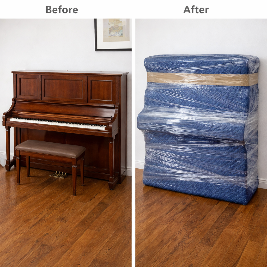 Comparison of a wooden piano with a bench on the left and a wrapped mattress on the right, labeled 'Before' and 'After' for Easy Peasy Moving, LLC in Altamonte Springs, FL and surrounding areas.
