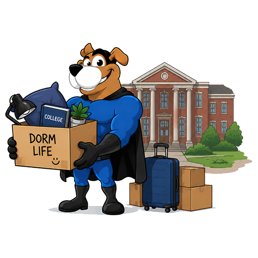 Easy Peasy Moving, LLC in Altamonte Springs, FL cartoon superhero dog mascot holding a box labeled "Dorm Life" with college supplies, in front of a university building with luggage and boxes.