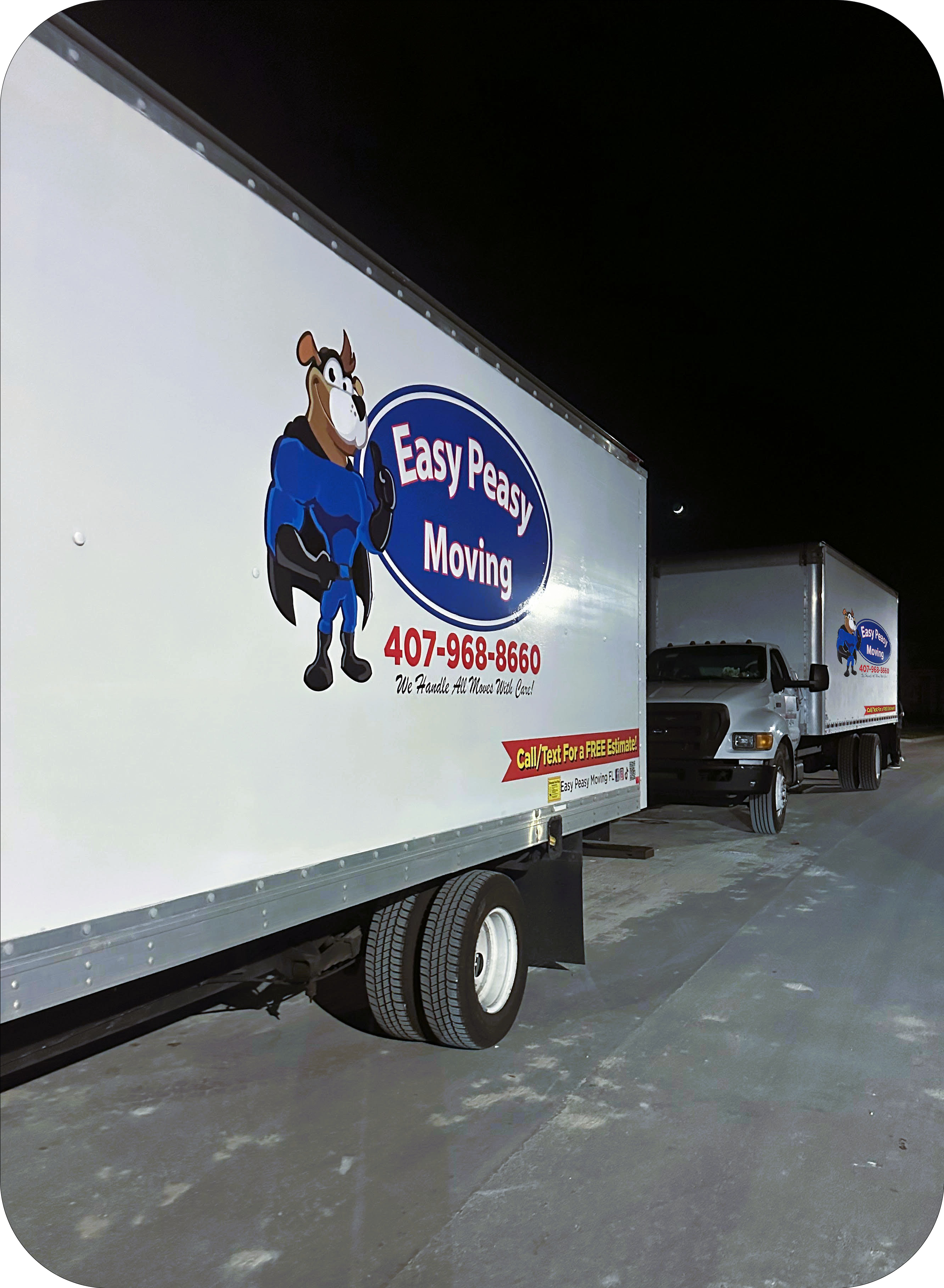 Two fully equipped moving trucks ready for local, long-distance, and specialty moves by Easy Peasy Moving, LLC in Central Florida
