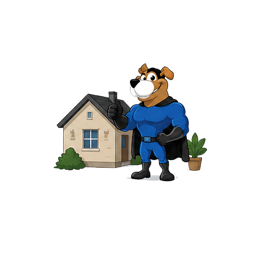 Easy Peasy Moving, LLC in Altamonte Springs, FL cartoon superhero dog mascot with blue costume and cape standing in front of a house, giving a thumbs-up.