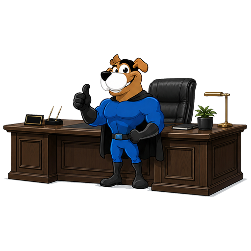 Easy Peasy Moving, LLC in Altamonte Springs, FL cartoon superhero dog mascot with a muscular build, wearing a blue outfit and black cape, standing in front of a wooden office desk.