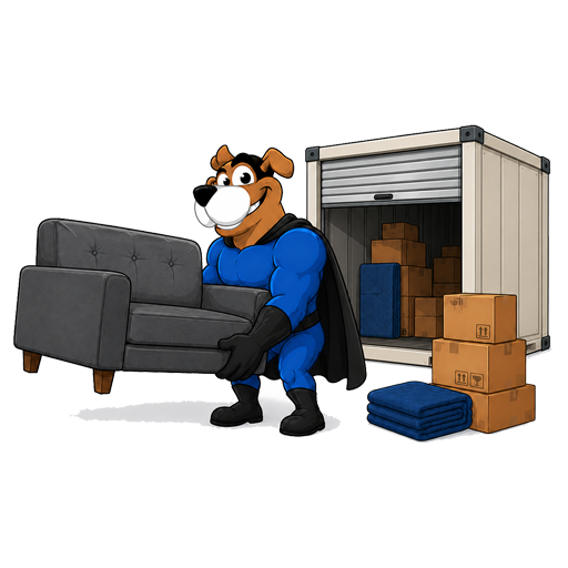 Easy Peasy Moving, LLC in Altamonte Springs, FL cartoon superhero dog mascot carrying a sofa in front of a storage container filled with boxes and furniture items.