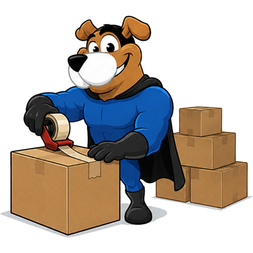 Easy Peasy Moving, LLC in Altamonte Springs, FL cartoon superhero dog mascot in a blue costume and black cape, taping a cardboard box in a warehouse with stacks of boxes in the background.
