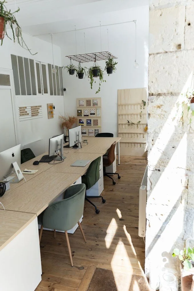 Bureaux avec trois ordinateurs, chaises vertes, plantes suspendues, étagère en bois, décoration minimaliste, mur en pierre, sol en bois, et lumière naturelle.