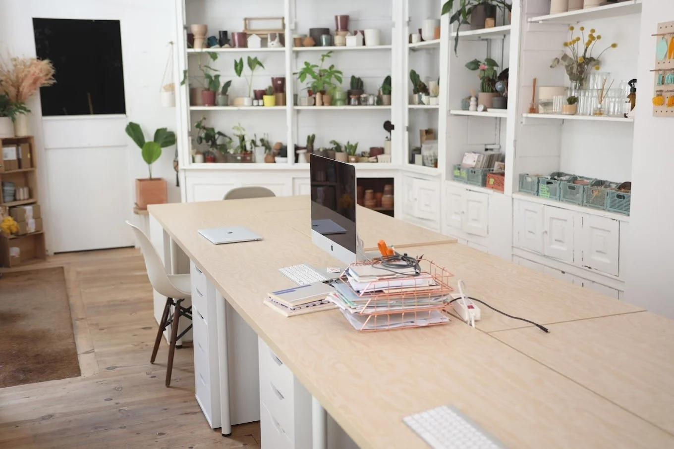 Espace de travail avec un ordinateur sur un bureau en bois clair, entouré de plantes et d'étagères remplies de pots de fleurs et de fournitures.