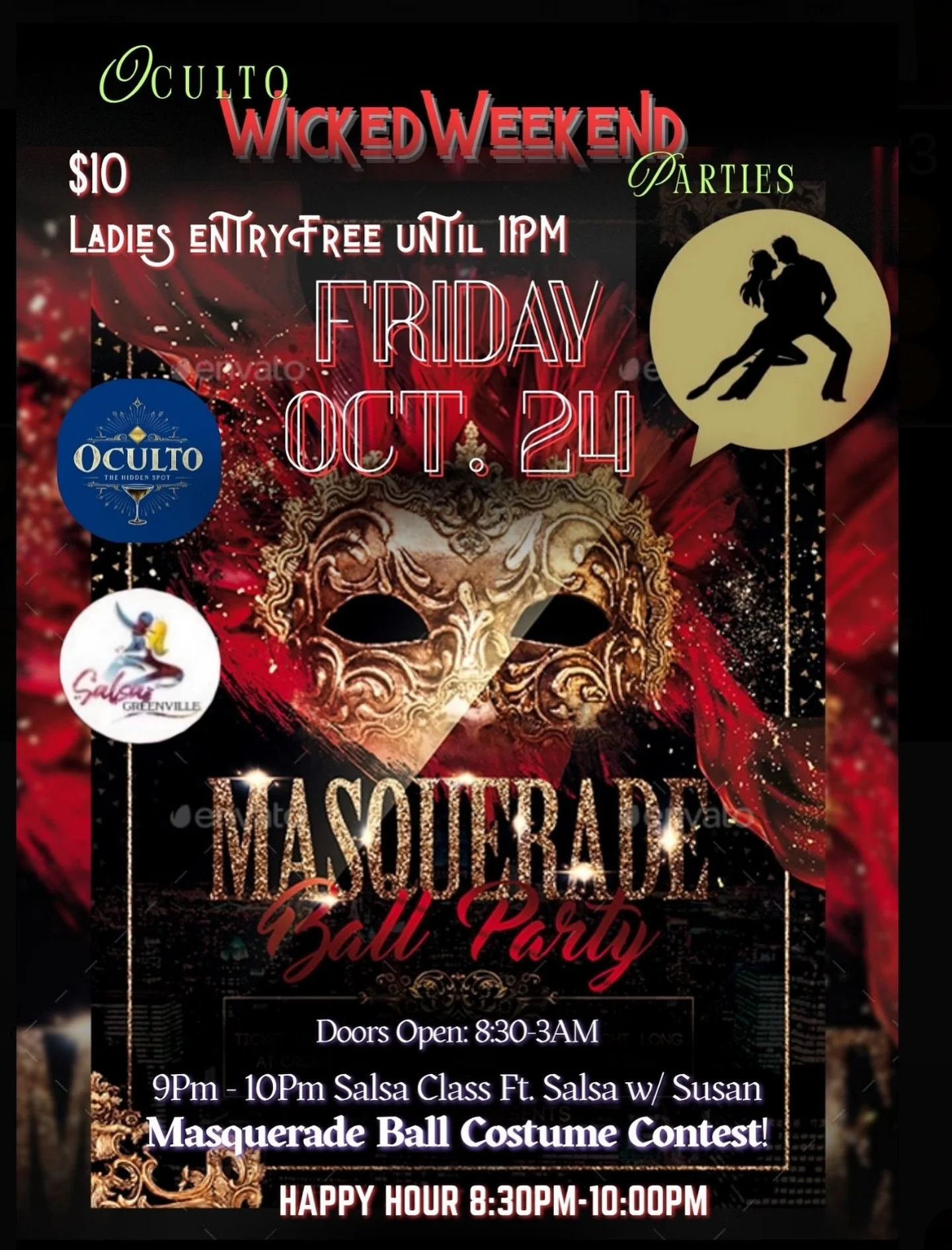 This FRIDAY 10/24 we are hosting our first #masqueradeparty EVENT!!
Door open: 8:30PM-2AM
First Hour: 9-10pm we have @salsagreenville as our salsa instructor!
$5 w/ Costume | $10 without Costume 

Dm us for more info! 
464 E. Main st. Spartanburg sc
