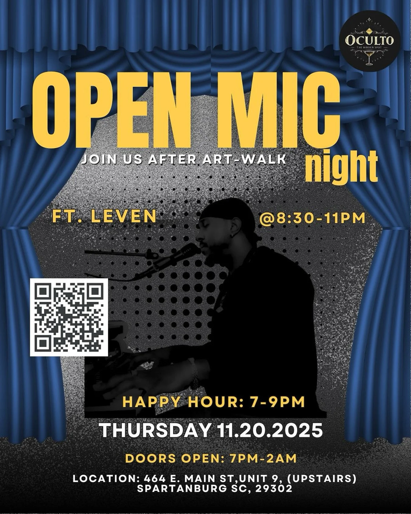 Come Join Us for Open Mic Night at @theocultolounge featuring @itsleven11 after Art Walk on Thursday, November 20th starting at 8:30pm.

TO SIGN UP FOR #openmic &mdash;&gt;&gt; Dm us here or @remmington.k999 
464 E. Main st. Spartanburg sc 29302
(332
