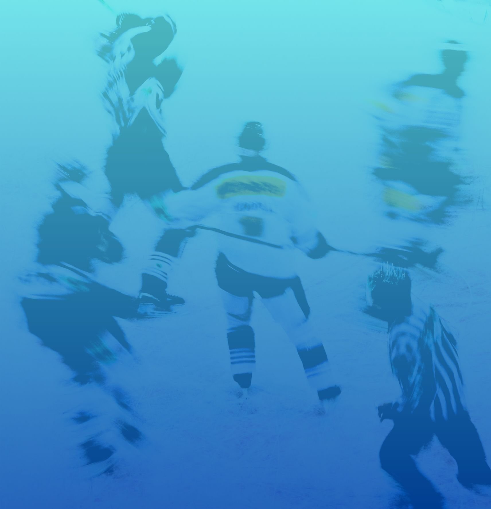 Ice hockey players on the ice during a game, with referee nearby, in a slightly blurred and stylized image.