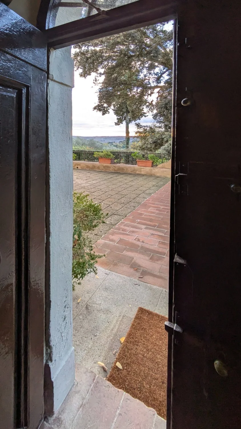 View from an open door showing a courtyard with potted plants, brick and stone paving, a fence, and large trees with a landscape and sky in the background.