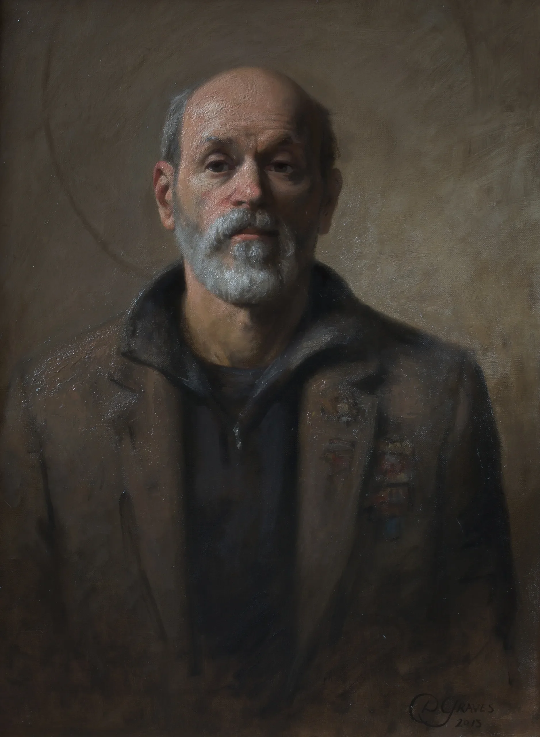 A realistic oil painting of an older man with a gray beard, short gray hair, wearing a brown jacket over a black shirt, against a plain brown background.