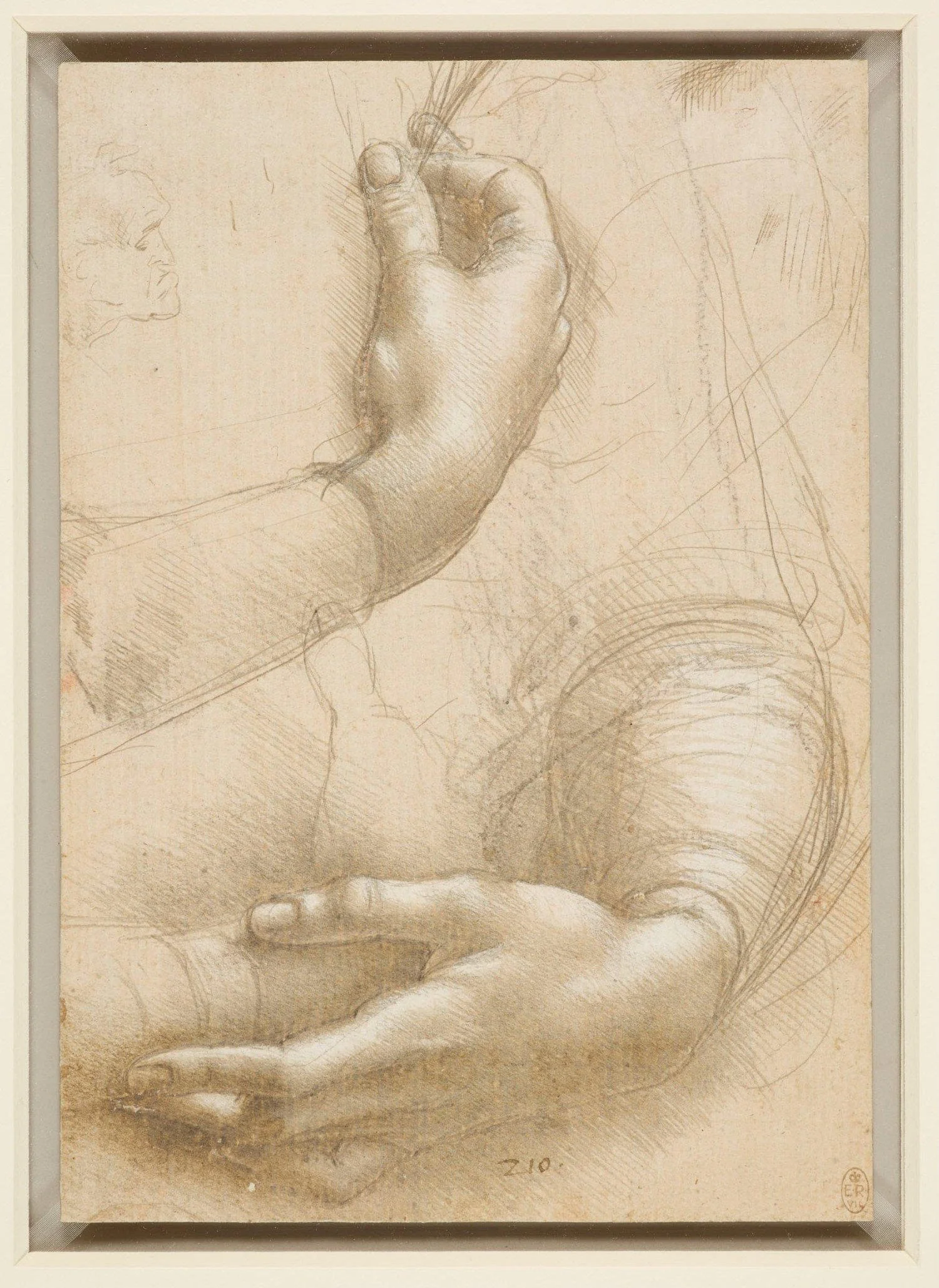 Sketch of a hand holding a pen, drawing, with another hand resting nearby, and a profile of a person's face in the background.