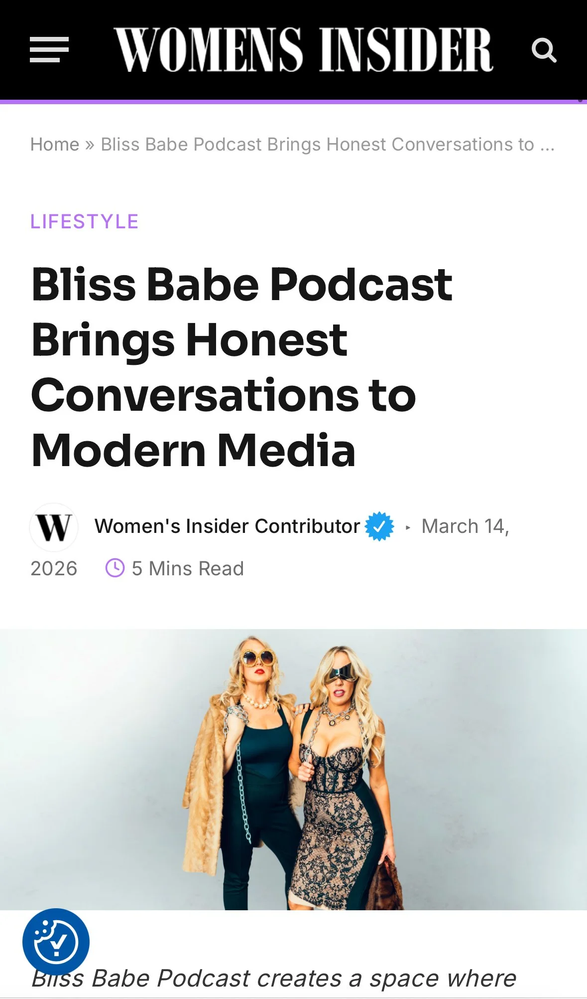 Two women dressed in fashionable clothing and sunglasses, standing against a neutral background, promoting the Bliss Babe Podcast article on Women’s Insider website.