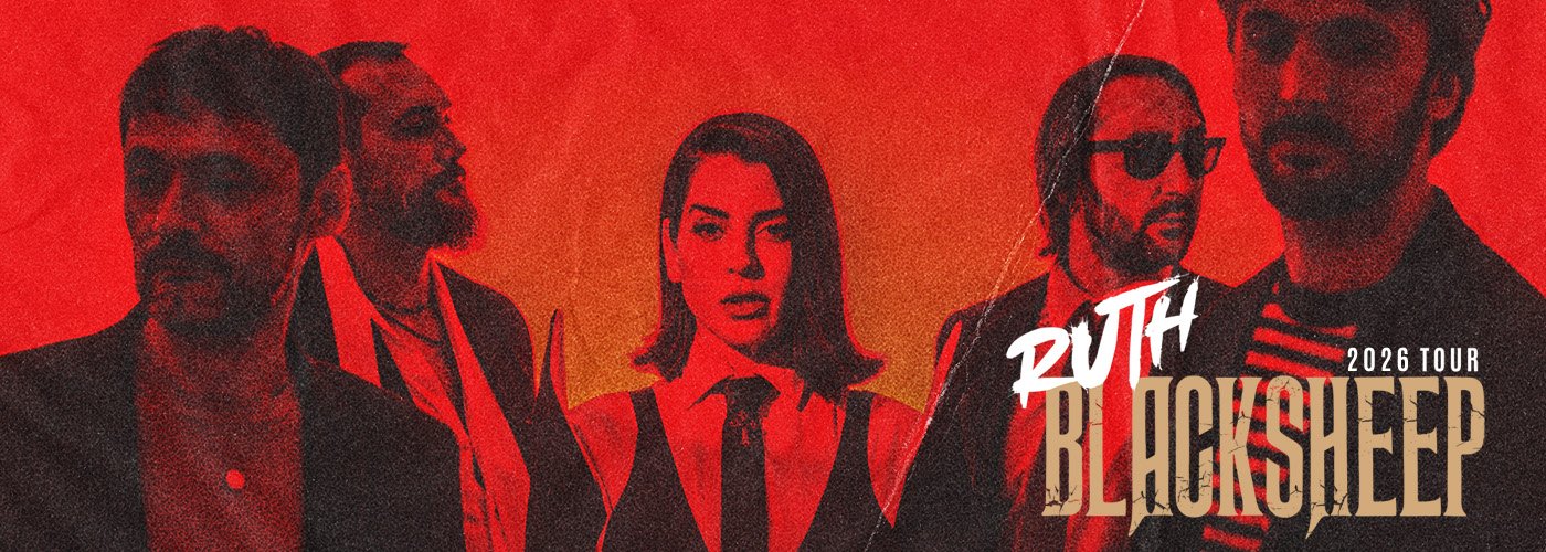 RUTH, the rock band led by Ruth Lorenzo, on the BlackSheep 2026 Tour poster — the five band members against a red and orange background.