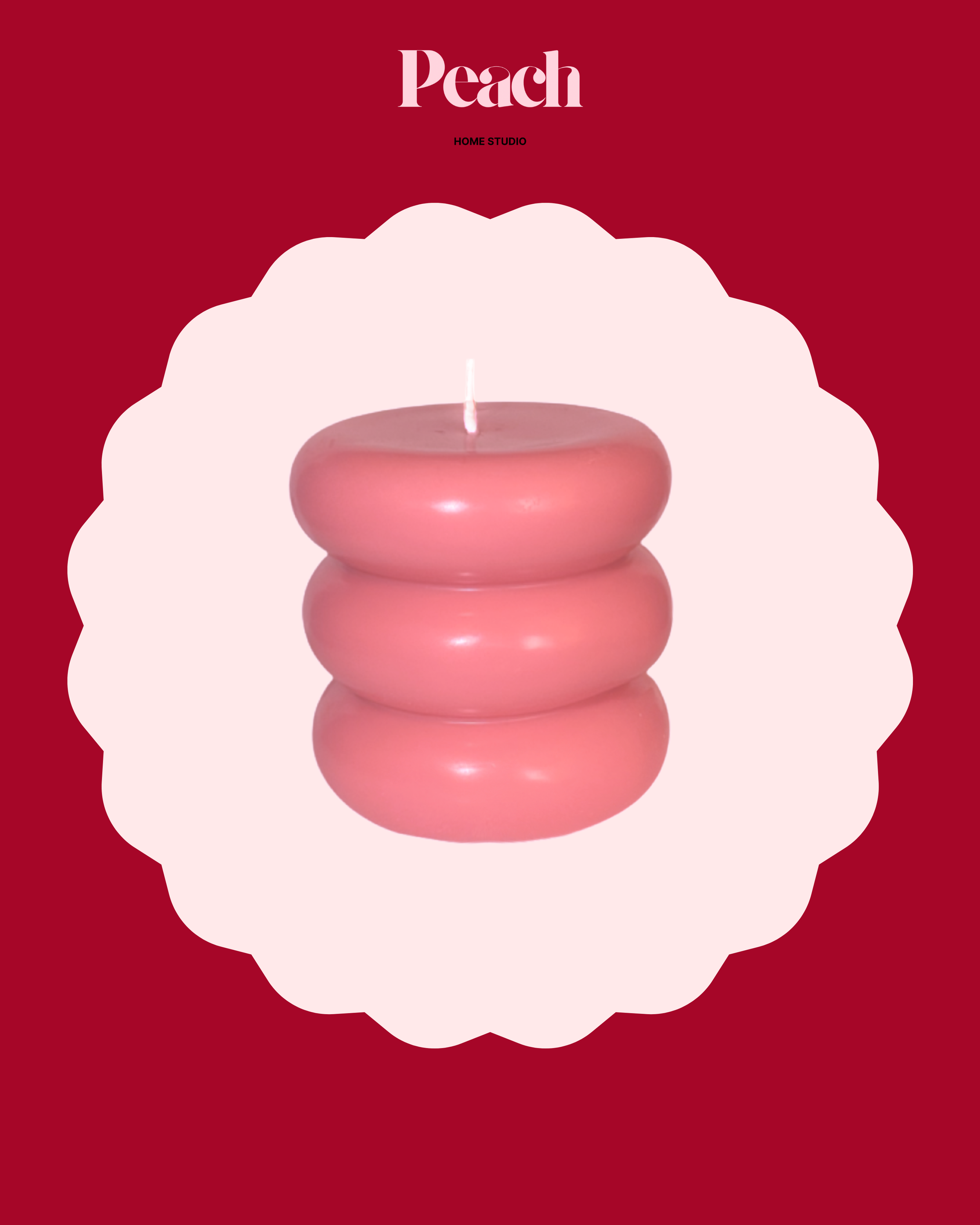 A pink candle with three rounded sections stacked vertically, centered on a pink background with a scalloped border. The word 'Peach' is at the top, with 'Home Studio' written below.