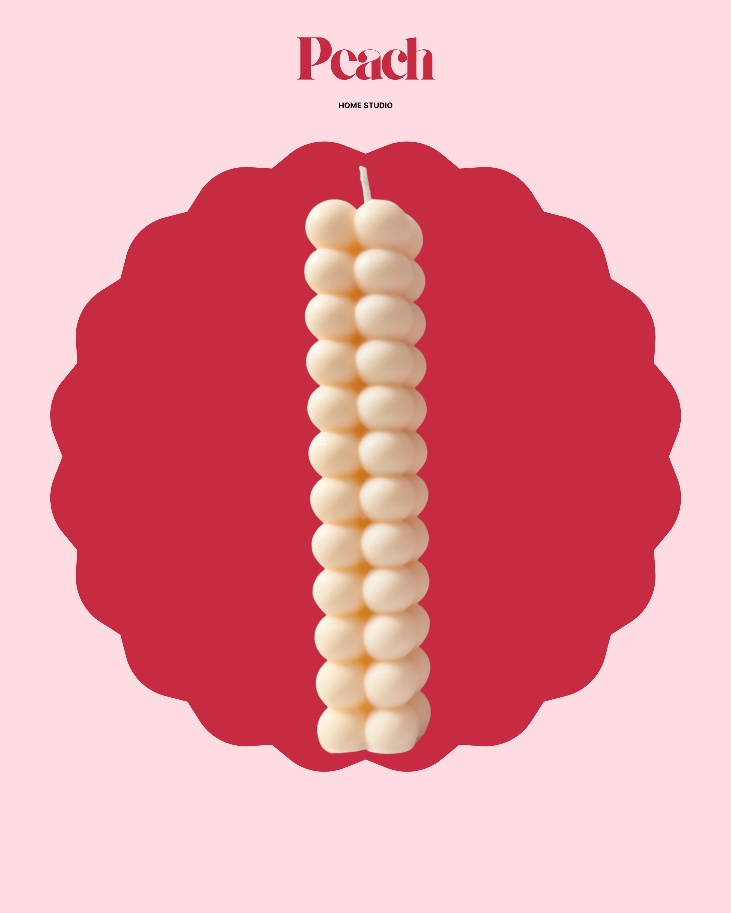 Graphic design of a peach-colored background with the word 'Peach' at the top, followed by 'HOME STUDIO' and an illustration of a white bubble candle over a red scalloped circle.